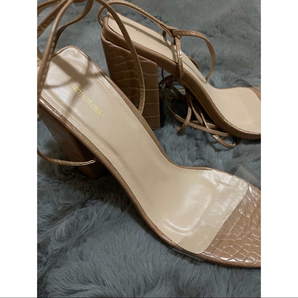 Tan Wide Fit Block Heel Ankle Tie Strappy Sandal